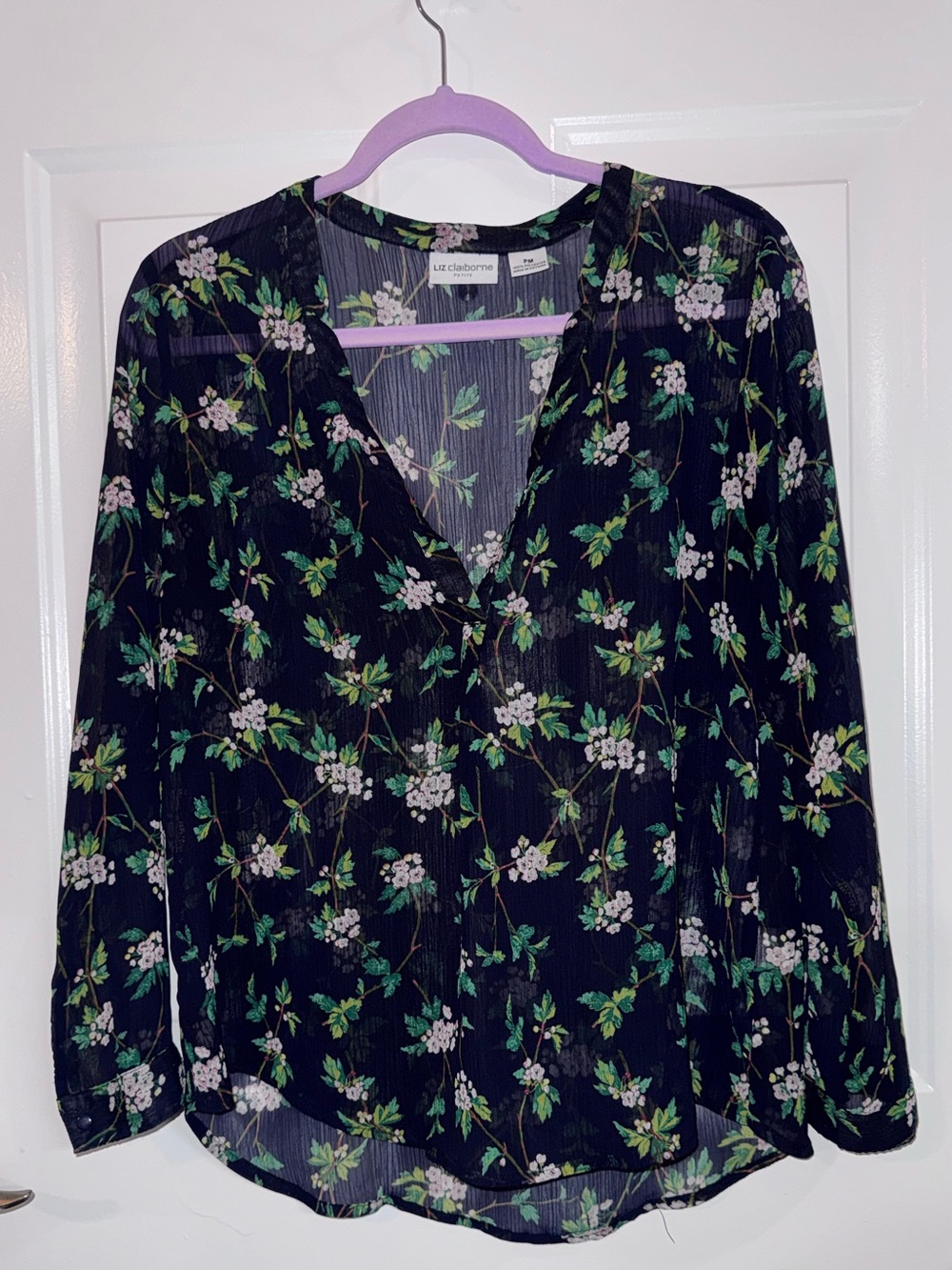 Liz Claiborne Black Floral V-Neck Blouse with Green and White Flowers